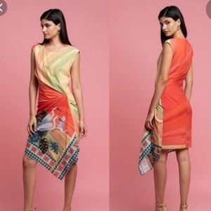 Anthropologie Eva Franco Vibrant Bird Dress Vibrant Silky Ruched Sides size 2
